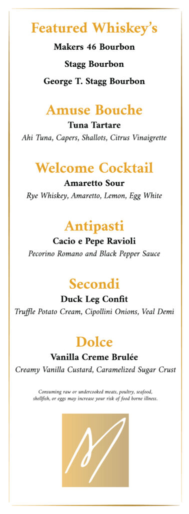 Menu for Whiskey Dinner on June 12th, 2025 at Casa Mangiare in College Station, Tx