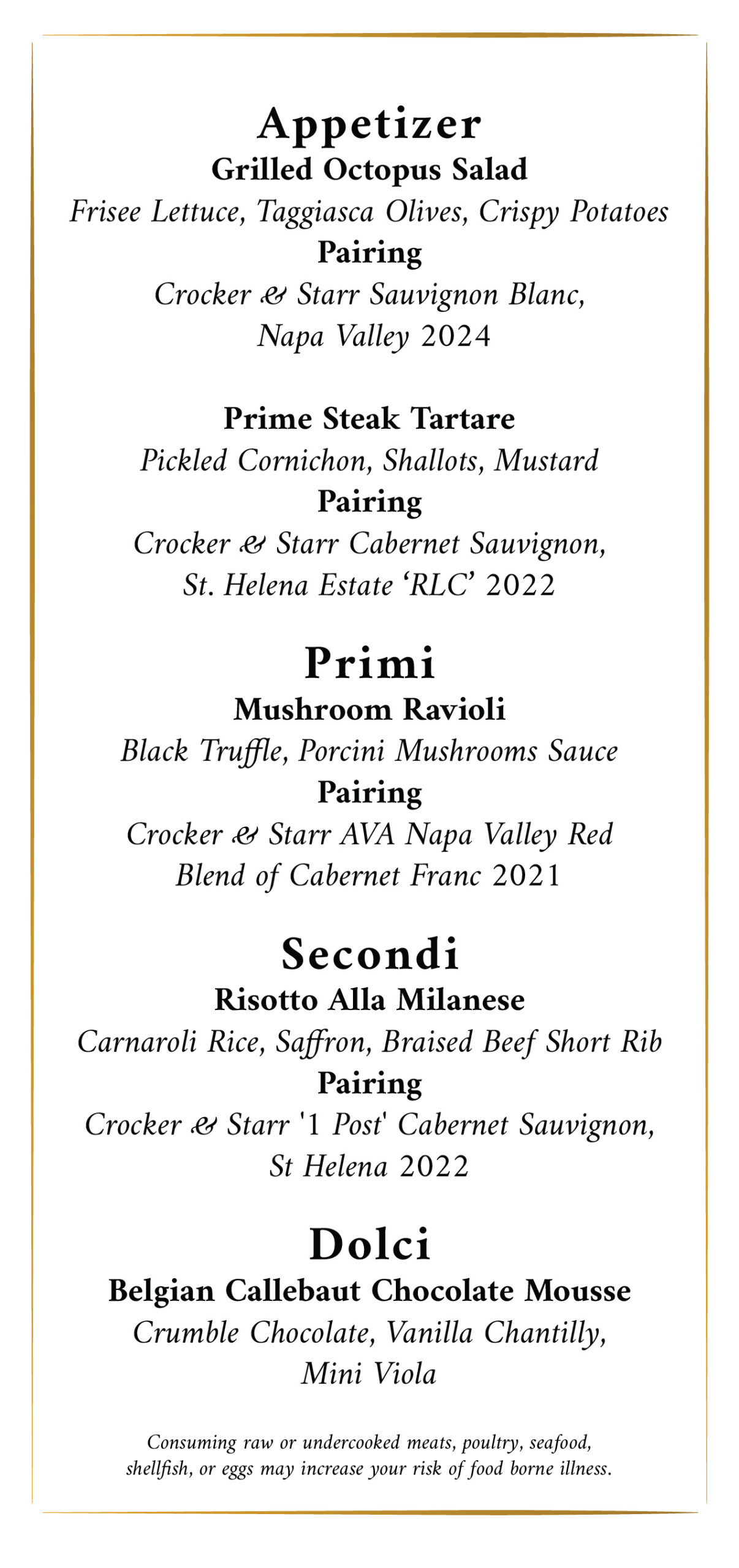 Crocker & Starr Wine Dinner Menu
