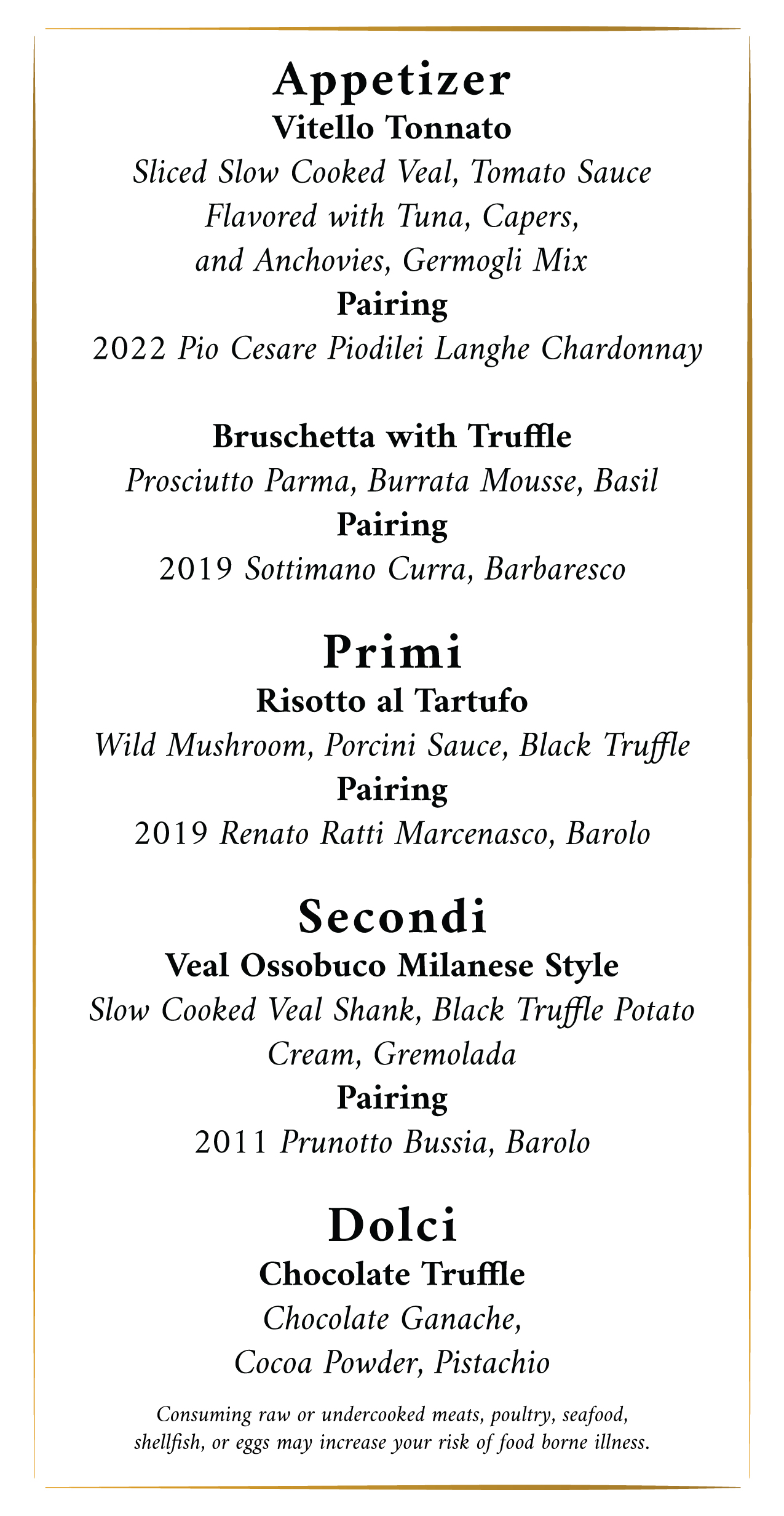 Wine Menu for the Piedmont Wine Dinner January 23rd 2026 at Casa Mangiare